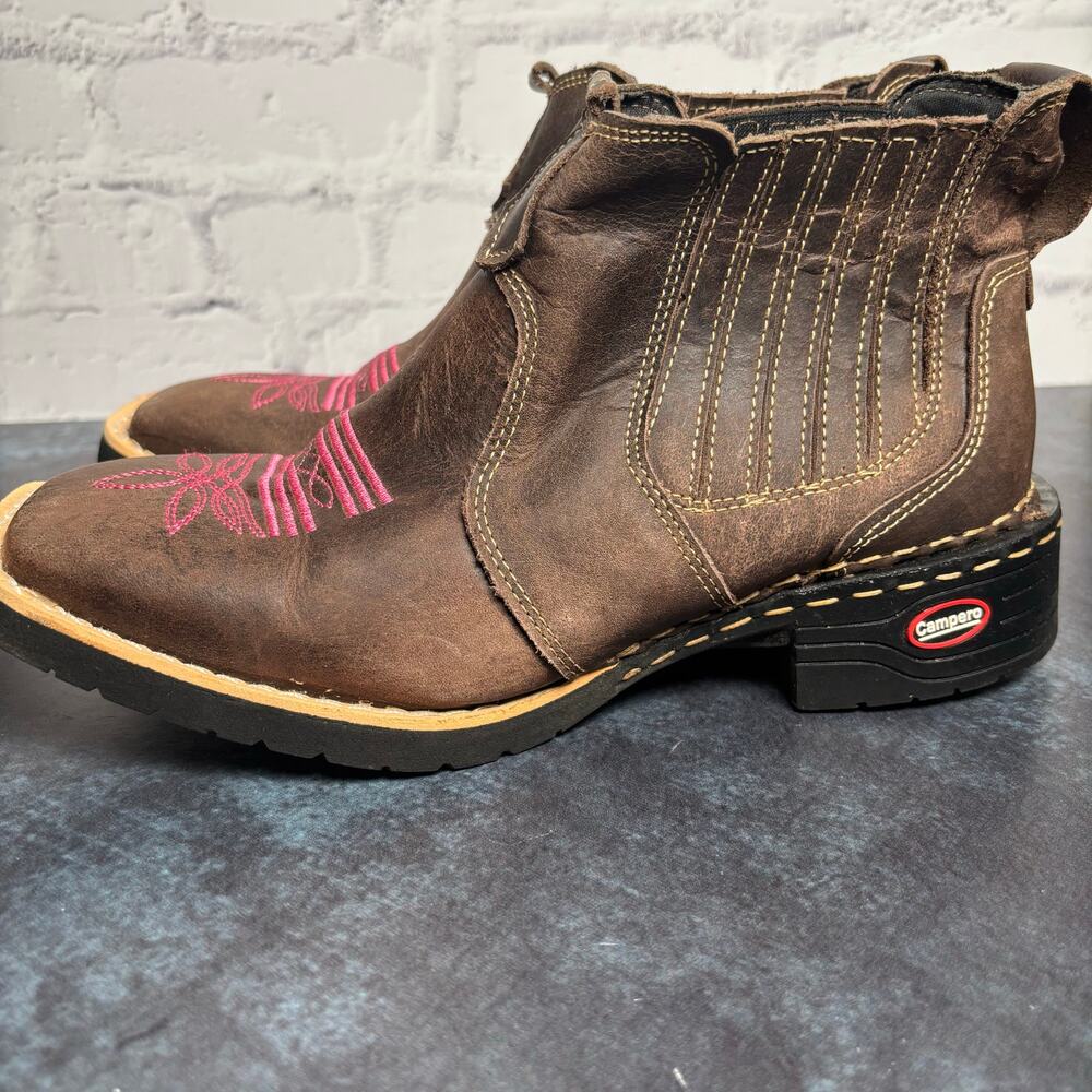 Campero Cowgirl Western Chelsea Boots Brown Leather Pink Stitching Sz 39, US 8.5 - Picture 5 of 7